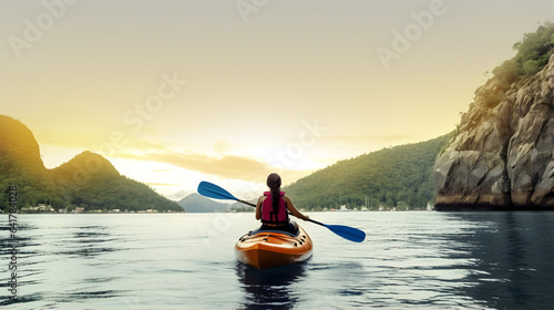 Rear view of woman kayaking in lake with background of beautiful landscape. © ZayNyi