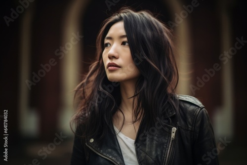 Headshot portrait photography of a merry girl in her 30s wearing a classic leather jacket at the mausoleum of the first qin emperor in xian china. With generative AI technology