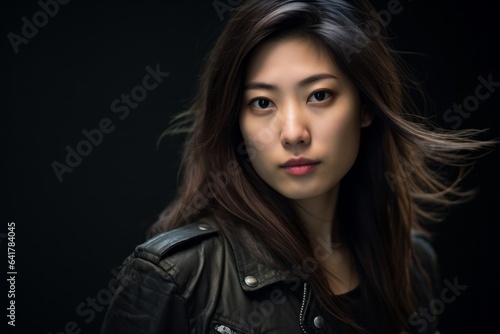Headshot portrait photography of a merry girl in her 30s wearing a classic leather jacket at the mausoleum of the first qin emperor in xian china. With generative AI technology