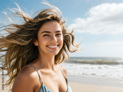Candid portrait of a young woman standing on a windswept beach, her hair tousled by the sea breeze, and a genuine smile lighting up her face.