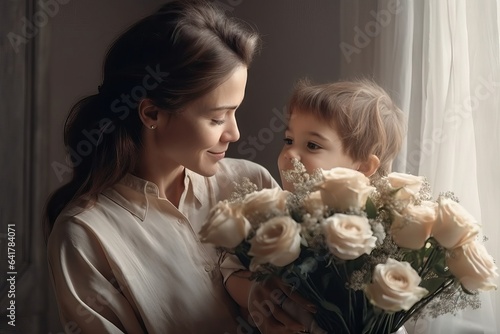 Woman with flower carrying daughter, boho style conceptual image, traditional family