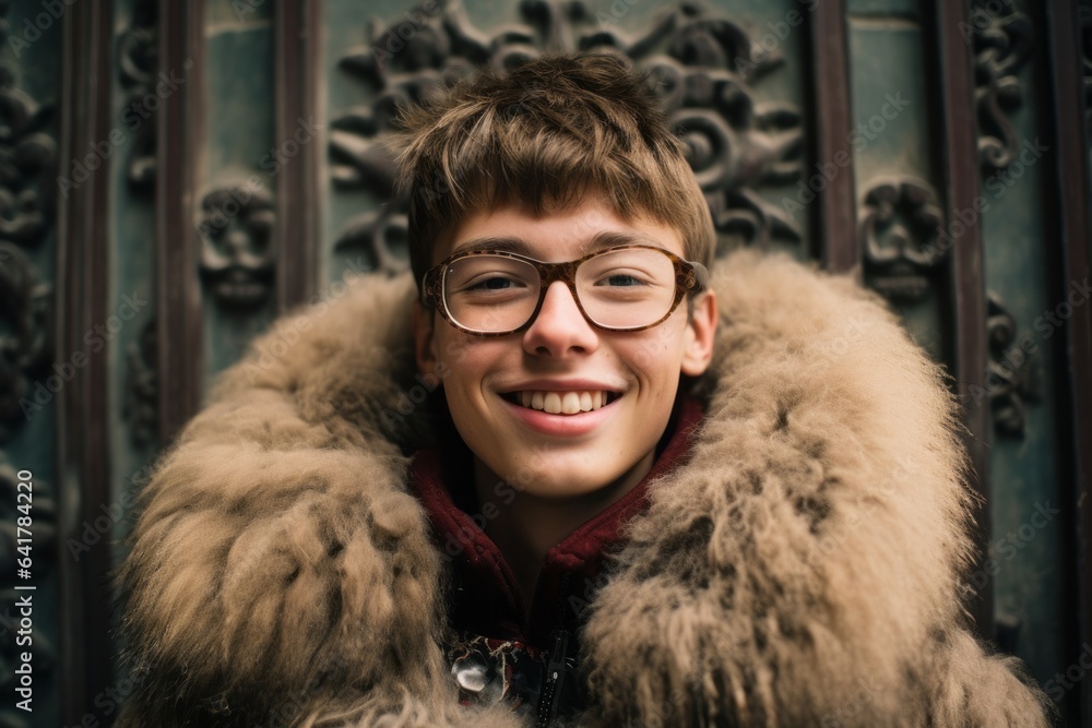 Close-up portrait photography of a grinning boy in his 20s wearing an extravagant feather boa at the mausoleum of the first qin emperor in xian china. With generative AI technology Close-up portrait photography of a grinning boy in his 20s wearing an extravagant feather boa at the mausoleum of the first qin emperor in xian china. With generative AI technology