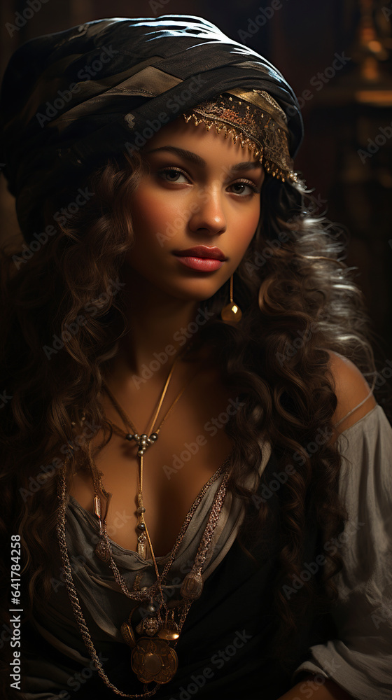 Portrait of a beautiful woman from the Middle Ages in ancient clothes and jewelry. The heroine of a love story, book cover. Favorite wife of the Sultan, a story about a concubine in a harem. Portrait of a beautiful woman from the Middle Ages in ancient clothes and jewelry. The heroine of a love story, book cover. Favorite wife of the Sultan, a story about a concubine in a harem.