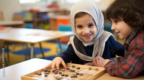 muslim little girls playing at class with friends, bonding cultures, integration concept photo