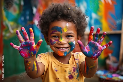 African american little child showing hands with paint wall with paintings. Street art