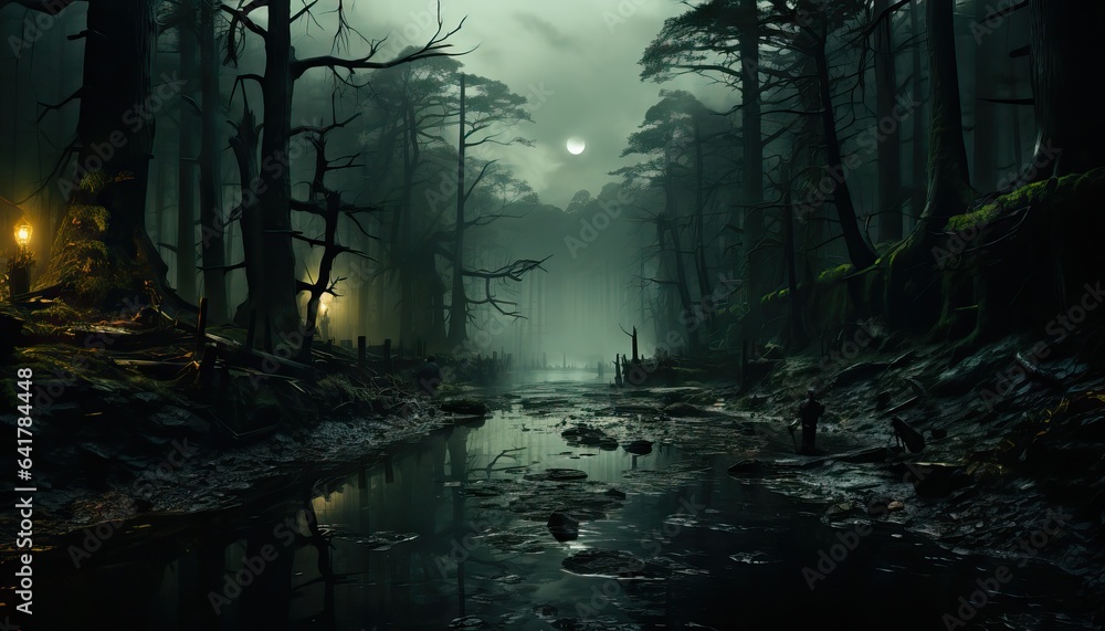Dark green forest, path in the middle of the night, lunar light, werewolf concept.