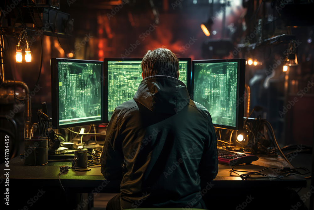 A hacker in a hoodie sits at a computer and looks at a screen with green symbols. Concept of cyber security. Protection of information data.