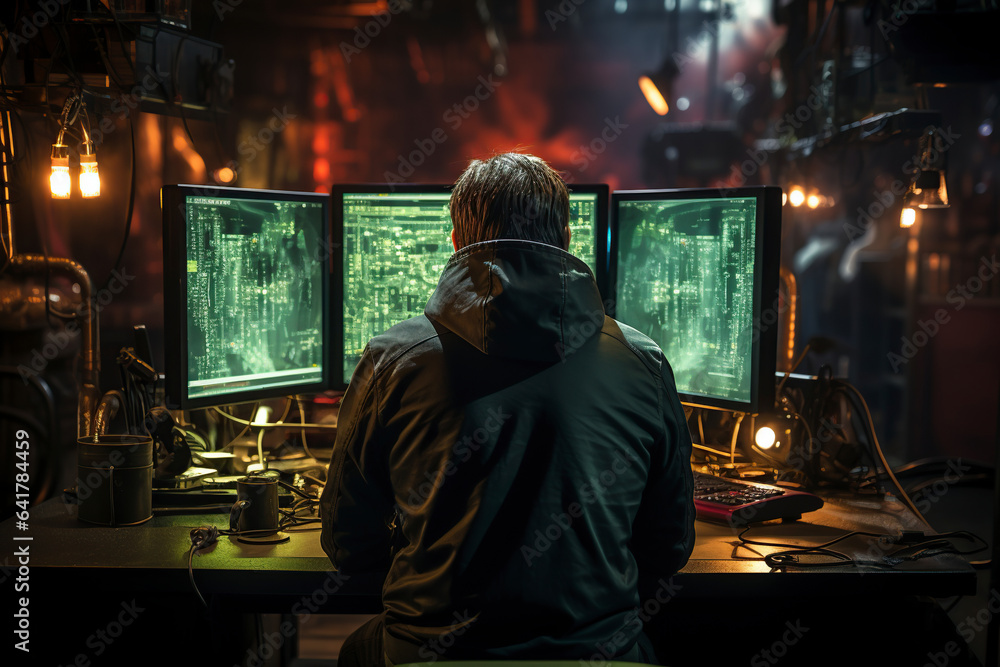 A hacker in a hoodie sits at a computer and looks at a screen with green symbols. Concept of cyber security. Protection of information data. A hacker in a hoodie sits at a computer and looks at a screen with green symbols. Concept of cyber security. Protection of information data.