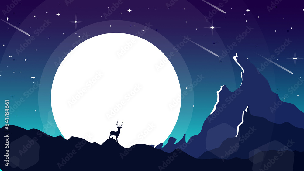 mountain landscape background. mountain view at night with moon and stars. night sky with moon and stars background. mountain landscape wallpaper for dekstop. 