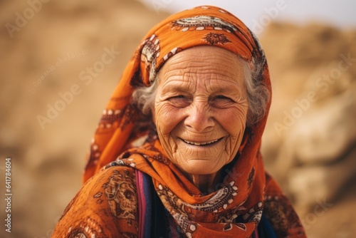 Medium shot portrait photography of a happy old woman wearing a fashionable tube top at the masada in southern district israel. With generative AI technology