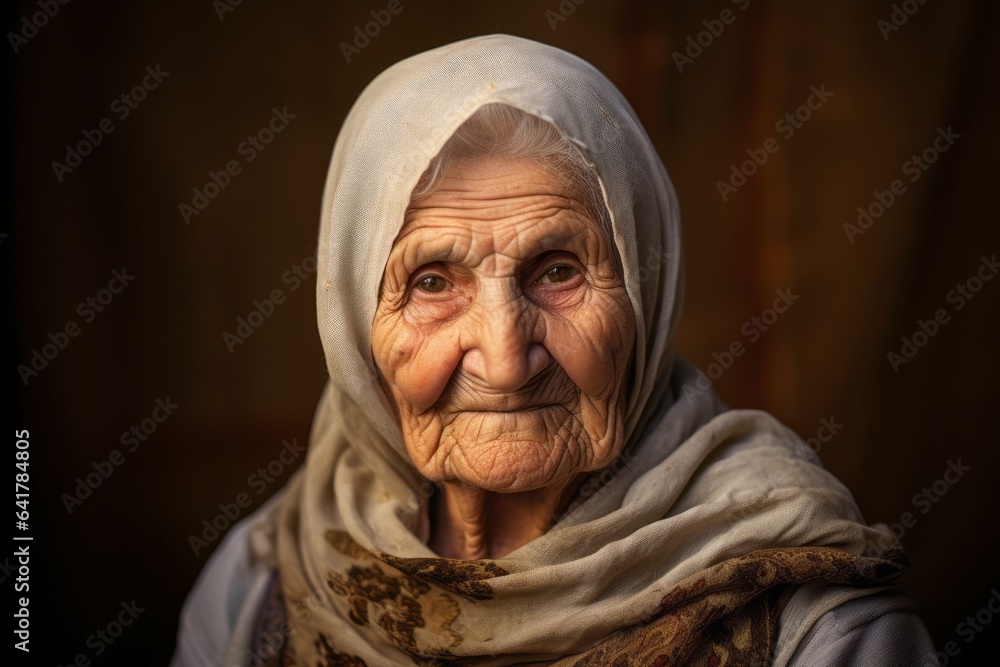 Headshot portrait photography of a satisfied old woman wearing a delicate silk blouse at the crac des chevaliers in homs governorate syria. With generative AI technology Headshot portrait photography of a satisfied old woman wearing a delicate silk blouse at the crac des chevaliers in homs governorate syria. With generative AI technology