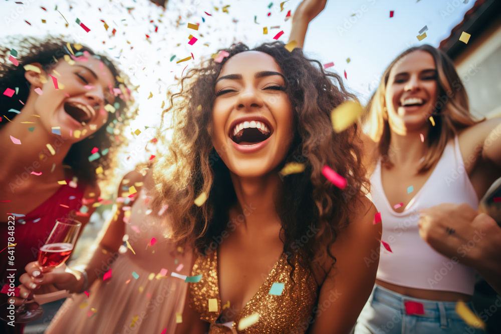 Obraz premium Group shot of young women celebrating their friend's forthcoming marriage, hen party