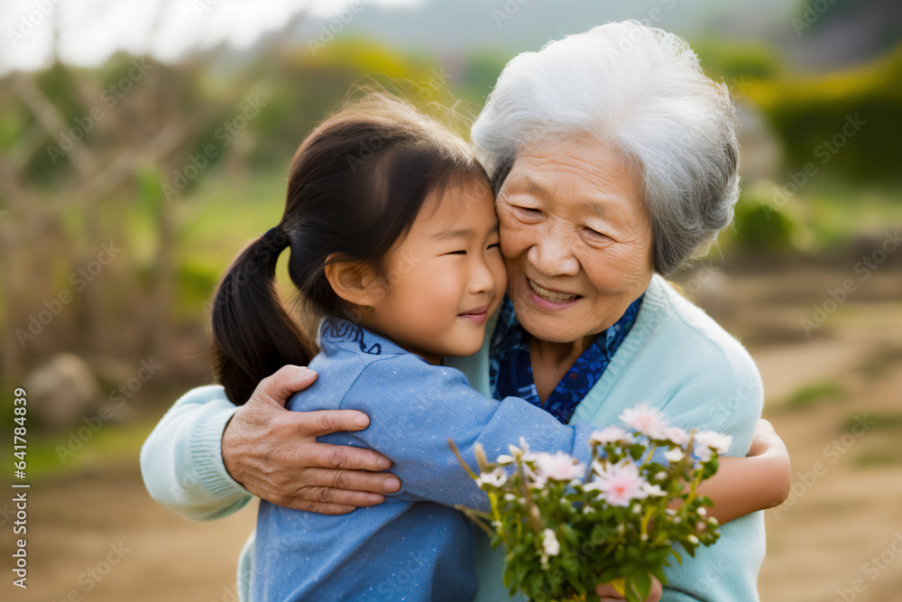 Adorable asian little girl is playing and hugging her grandmother with fully happiness moment, concept of love and bonding of multi generation in asian family lifestyle.
