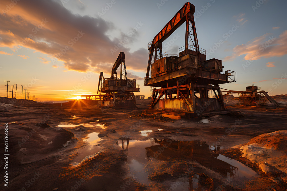 Oil pumps mined oil and natural gas at sunset background Oil pumps mined oil and natural gas at sunset background