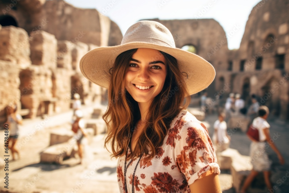Medium shot portrait photography of a grinning girl in his 20s wearing a whimsical sunhat at the crac des chevaliers in homs governorate syria. With generative AI technology