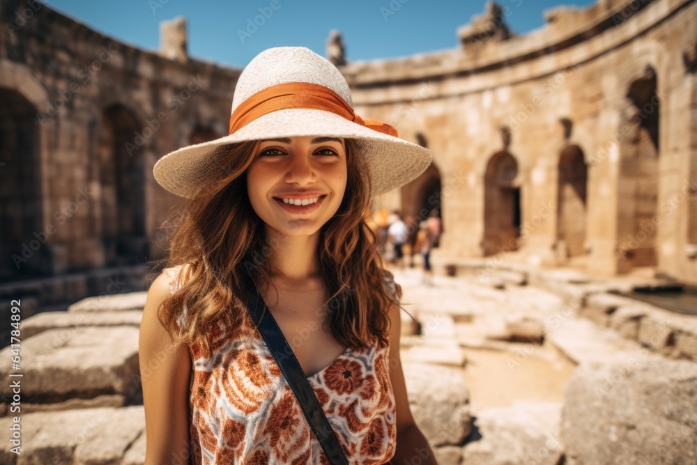 Medium shot portrait photography of a grinning girl in his 20s wearing a whimsical sunhat at the crac des chevaliers in homs governorate syria. With generative AI technology