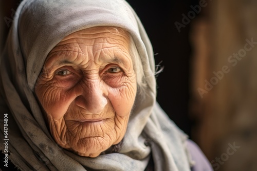 Headshot portrait photography of a satisfied old woman wearing a delicate silk blouse at the crac des chevaliers in homs governorate syria. With generative AI technology