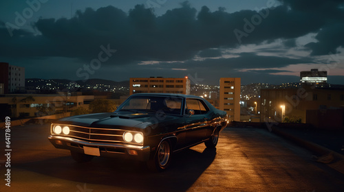 Vintage muscle car parked on the street at night. 80s styled synthwave retro scene with powerful drive in evening. © swillklitch