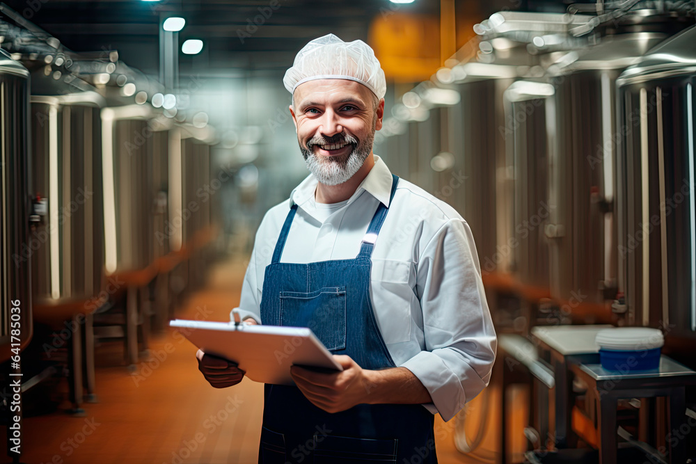 Food industry factory interior with positive smiling technologist holding a checklist. The production worker is satisfied with the results and quality control.