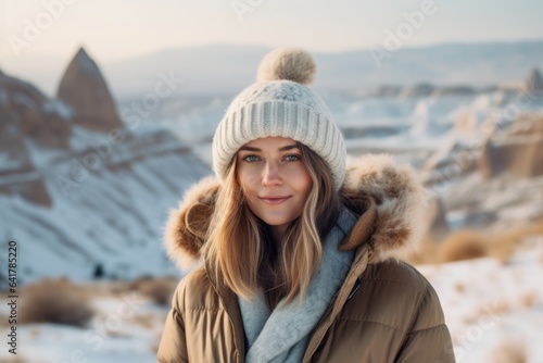 Environmental portrait photography of a content girl in her 40s wearing a warm trapper hat at the cappadocia in nevsehir province turkey. With generative AI technology