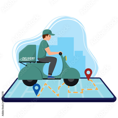 Smartphone with a delivery guy on motorcycle Vector