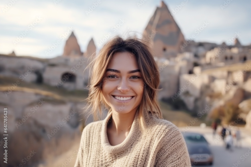 Medium shot portrait photography of a cheerful girl in her 20s wearing a warm wool sweater at the cappadocia in nevsehir province turkey. With generative AI technology