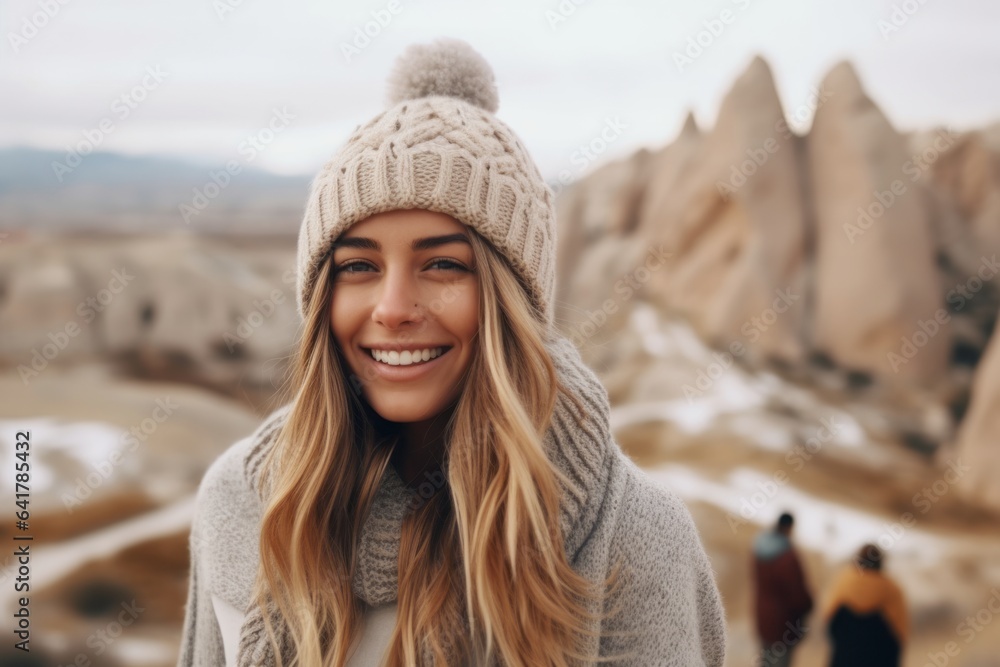 Medium shot portrait photography of a cheerful girl in her 20s wearing a warm wool sweater at the cappadocia in nevsehir province turkey. With generative AI technology Medium shot portrait photography of a cheerful girl in her 20s wearing a warm wool sweater at the cappadocia in nevsehir province turkey. With generative AI technology