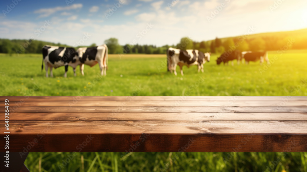 Empty wooden table top with grass field and cows in background.
