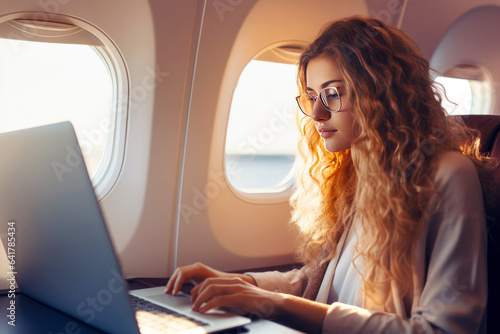 Modern workstyle aloft: woman freelancing on first class airplane photo