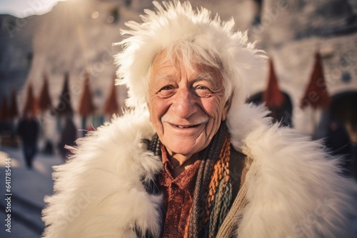 Headshot portrait photography of a blissful old man wearing an extravagant feather boa at the cappadocia in nevsehir province turkey. With generative AI technology