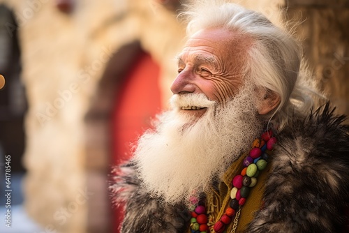 Headshot portrait photography of a blissful old man wearing an extravagant feather boa at the cappadocia in nevsehir province turkey. With generative AI technology