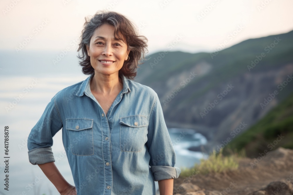 Medium shot portrait photography of a blissful mature woman wearing a versatile denim shirt at the aogashima volcano in tokyo japan. With generative AI technology Medium shot portrait photography of a blissful mature woman wearing a versatile denim shirt at the aogashima volcano in tokyo japan. With generative AI technology