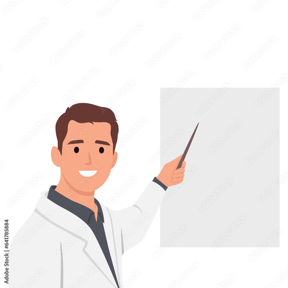 A smiling male doctor points to an empty medical demonstration board. Doctor in a white coat character. Flat vector illustration isolated on white background
