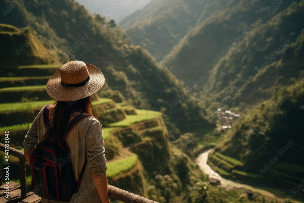 Medium shot portrait photography of a content girl in her 30s wearing a casual baseball cap at the banaue rice terraces in ifugao philippines. With generative AI technology