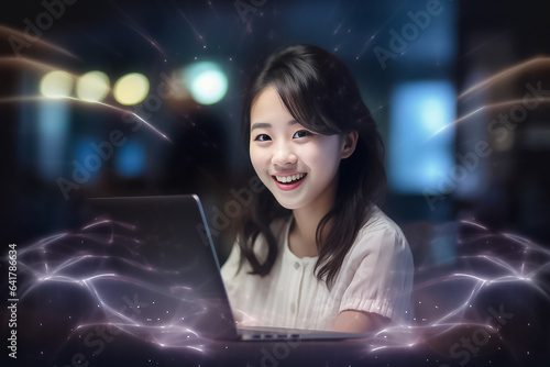 In a dimly lit room with a captivating blue laser web effect, a young technologist woman sits indoors, engrossed in her laptop and wearing a casual smile. Created using Generative AI.