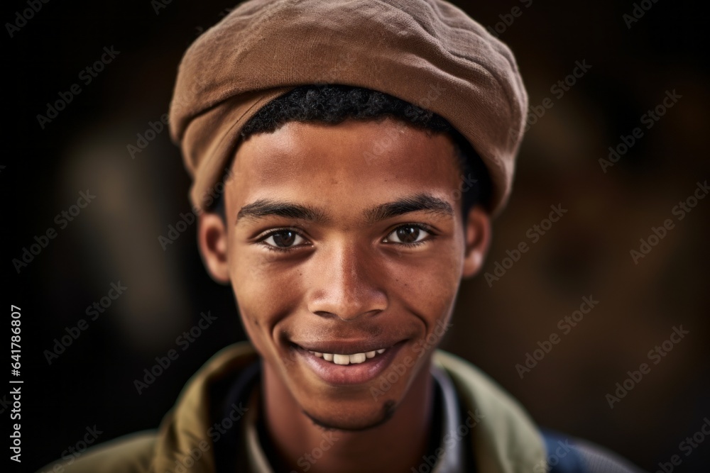 Obraz premium Headshot portrait photography of a jovial boy in his 30s wearing a stylish beret at the socotra island in yemen. With generative AI technology