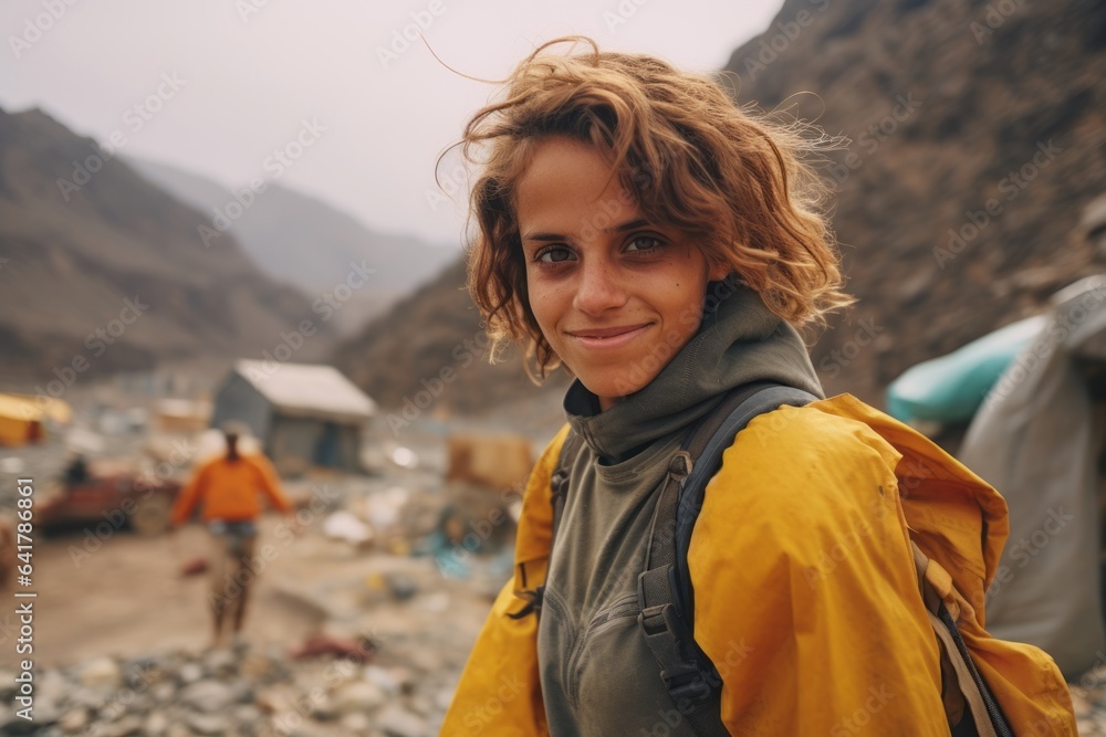 Photography in the style of pensive portraiture of a grinning girl in her 20s wearing a water-resistant gilet at the socotra island in yemen. With generative AI technology