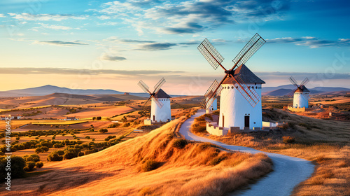 Aerial view of traditional medieval spanish windmills