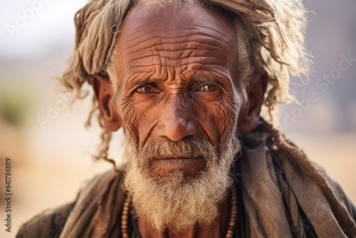 Headshot portrait photography of a blissful old man wearing a delicate necklace at the socotra island in yemen. With generative AI technology