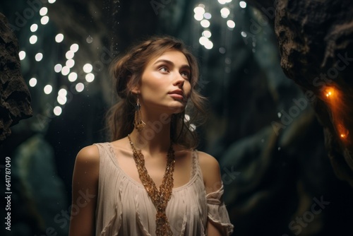 Photography in the style of pensive portraiture of a glad girl in her 40s wearing a stunning statement necklace at the waitomo glowworm caves in waikato new zealand. With generative AI technology