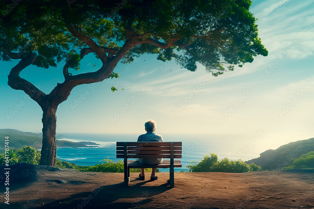 A lonely man sits on a bench under a tree and looks at the ocean. Beautiful landscape