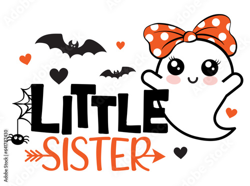 Little Sister Halloween vector illustration with cute ghost, hearts, spider and bats. Girls Halloween design isolated.