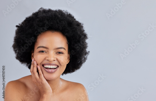 Mockup, natural and portrait of black woman with beauty skincare isolated in a studio gray background and happy. Skin, African and confident young person with healthy dermatology cosmetic care