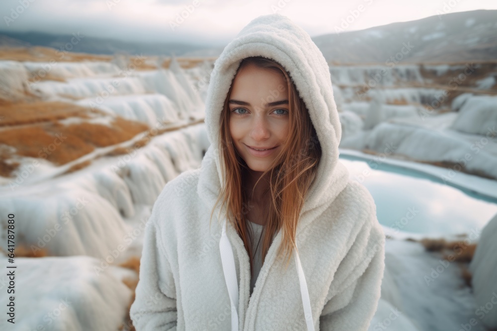 Photography in the style of pensive portraiture of a joyful girl in her 20s wearing a thermal fleece pullover at the pamukkale in denizli turkey. With generative AI technology Photography in the style of pensive portraiture of a joyful girl in her 20s wearing a thermal fleece pullover at the pamukkale in denizli turkey. With generative AI technology