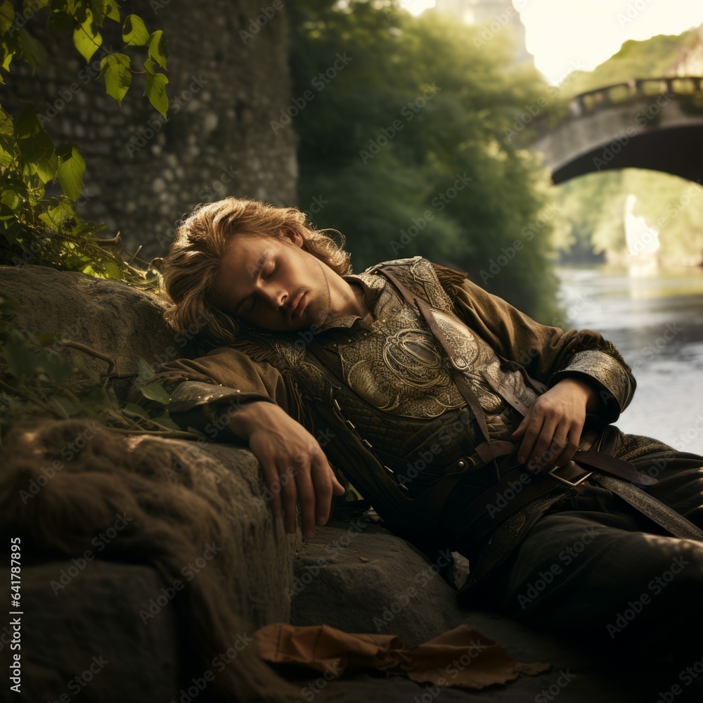 Obraz premium Blonde Young Man in Medieval Fantasy Prince Fine Garb Resting by River or Stream with Bridge in Background