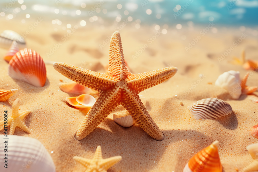 Starfish on the sand on the beach among seashells. Summer vacation photo Starfish on the sand on the beach among seashells. Summer vacation photo