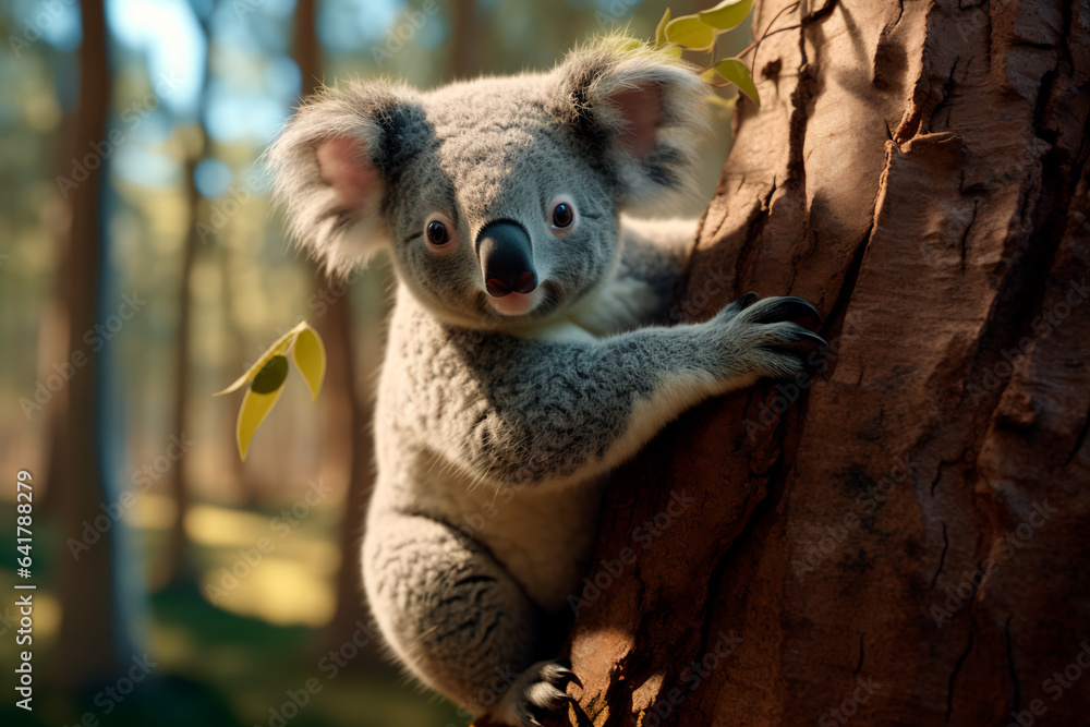 Fototapeta premium Beautiful close-up of a cute koala hanging on a Eucalyptus tree