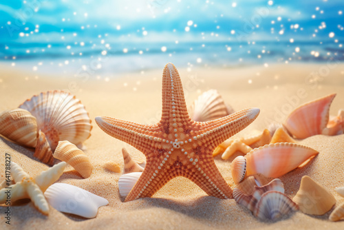 Starfish on the sand on the beach among seashells. Summer vacation photo