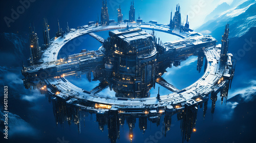 Fototapeta Naklejka Na Ścianę i Meble -  A space elevator connecting Earth's surface to a hovering station, revolutionizing space travel