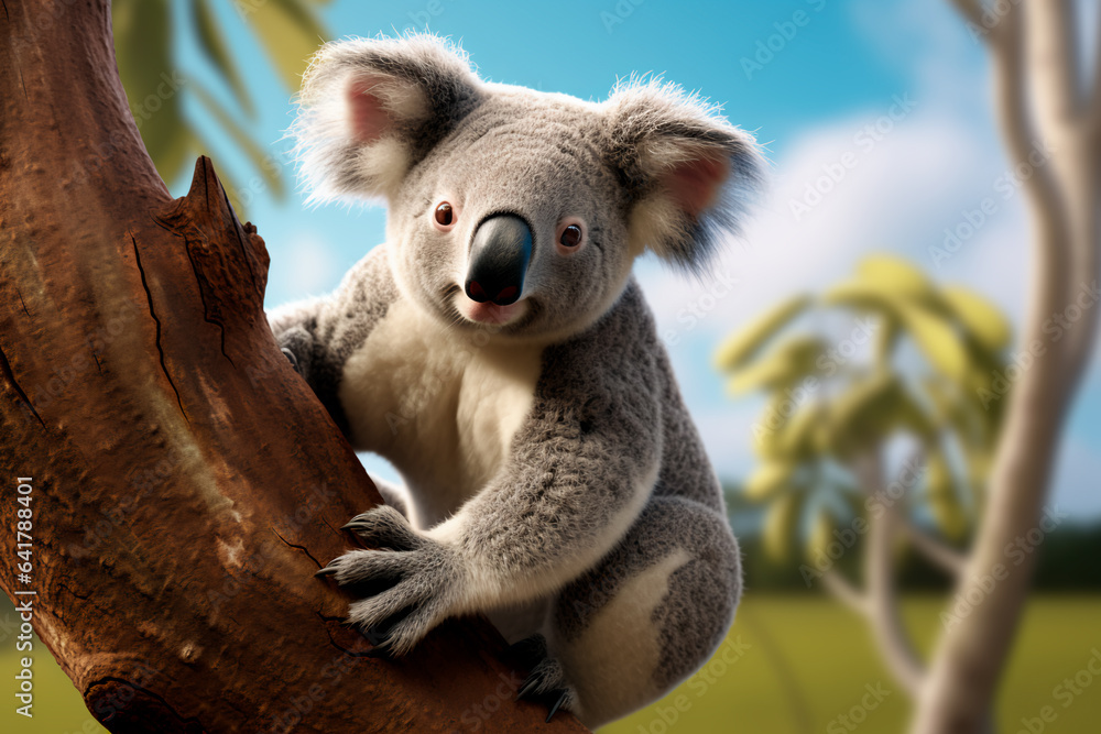 Beautiful close-up of a cute koala hanging on a Eucalyptus tree Beautiful close-up of a cute koala hanging on a Eucalyptus tree